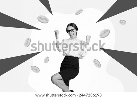 Trend artwork photo collage composite sketch image of young office manager hardworking lady say yes fist up coins dollar usd symbol money