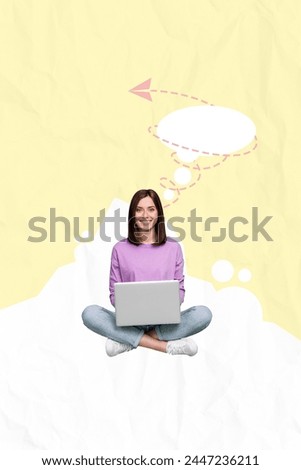 Vertical photo collage of smile girl type macbook device dotted line emblem airplane up promotion success isolated on painted background
