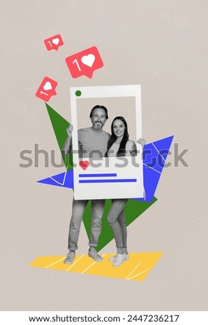 Vertical photo collage of happy couple receive likes instagram post social media smile girl guy popular blog isolated on painted background Royalty-Free Stock Photo #2447236217