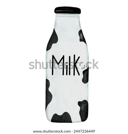 Milk bottle watercolor. Isolated clip art on white glass container background. Hand drawn in black and white colors. Trendy design for logo, tags and posters of dairy products
