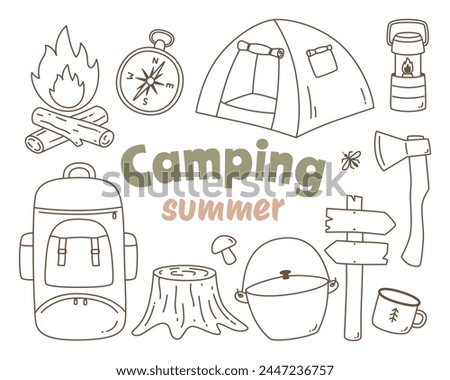 Hand drawn camping and hiking elements, isolated on white background, vector.