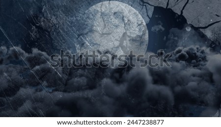 Image of lighting, rain and tree silhouettes over clouds moving across the moon in night sky. Nature, energy and change, abstract background concept digitally generated image.
