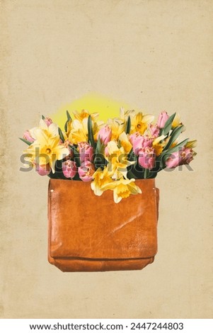 Poster. Contemporary art collage. Vintage brown bag with bunch of colorful flowers, tulips against beige background. Concept of inspiration, surrealism, fashionable. Pop art.