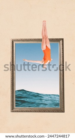 Poster. Contemporary art collage. Young woman, swimmer flying into picture with ocean waves against beige background. Concept of inspiration, surrealism, fashionable, sport. Pop art.