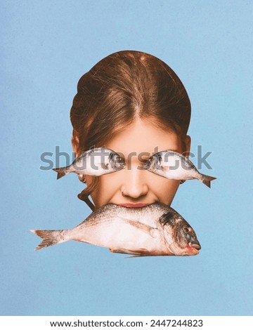 Poster. Contemporary art collage. Surreal portrait of person with fish positioned over eyes and hold one in mouth against blue background. Concept of inspiration, surrealism, fashionable. Pop art.