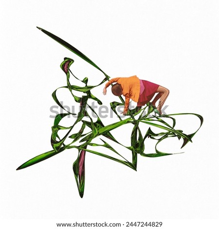 Poster. Contemporary art collage. Abstract composition with human figure entwined in oversized green plant. Concept of inspiration, imagination, surrealism, fashionable. Pop art.