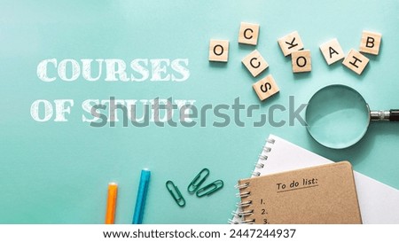 A green background with a magnifying glass and a notebook with the words Courses of Study written on it