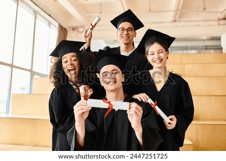 A group of students from different backgrounds, donning graduation gowns and caps, joyfully posing for a commemorative celebration.
