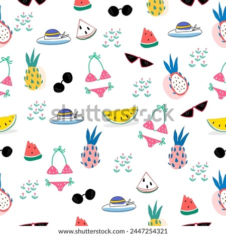 Summer pattern.Summer concept design. watermelon, dragon fruit, flower , sunglasses , hat ,bikini on white background, cute pattern design