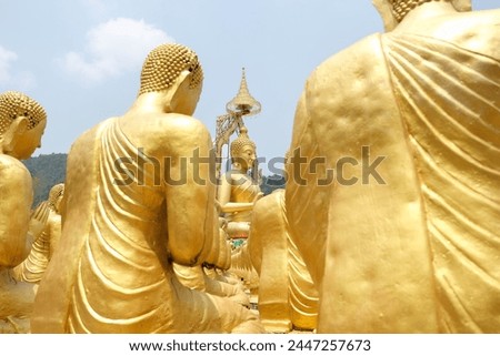 Selected focus of Buddha of Lord buddha among the golden buddha at Buddha Memorial park, Nakhon Nayok, Thailand. Royalty-Free Stock Photo #2447257673