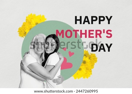 Creative drawing collage picture of cute old woman hug daughter talking mother day love celebration concept billboard comics zine minimal