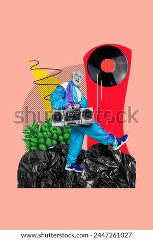 Photo sketch collage picture of happy grandfather listening boom box music isolated pink beige color background