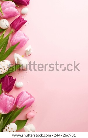 Blossoms and bunnies: Easter's gentle hues. Top view vertical shot of pink tulips, ceramic bunnies, speckled Easter eggs, decorations on pastel pink background with space for holiday greetings