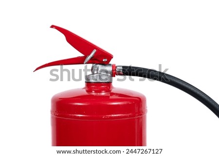 A red cylinder fire extinguisher with a black hose, contrasting on a white background. The extinguisher contains a pressurized gas and is commonly used in office supplies for fire emergencies