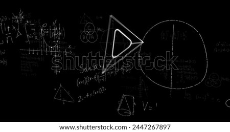 Image of set square icon over mathematical equations on black background. Education, learning, knowledge, science and digital interface concept digitally generated image.
