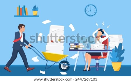 Overworked in the office. female worker at the desk exhausted with too much paper work, his colleague pushing a wheelbarrow full of paper, documents. Vector illustration in flat style Royalty-Free Stock Photo #2447269103