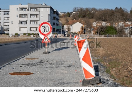 road and sidewalk repairs. restriction signs, danger on the road