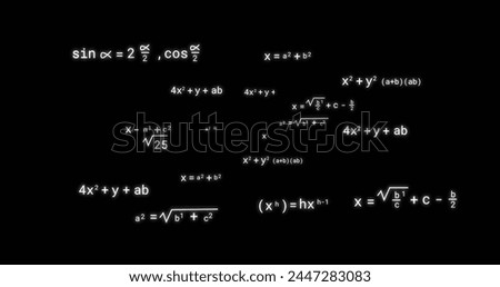 Image of mathematical equations on black background. Education, learning, knowledge, science and digital interface concept digitally generated image.