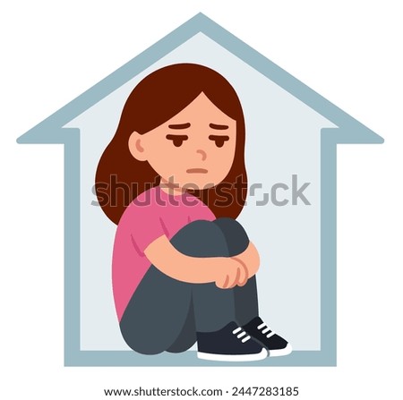 Teenage girl sitting alone at home, hugging knees. Depression, loneliness, social anxiety. Simple flat cartoon drawing. Mental health vector clip art illustration.