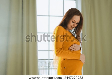 Pregnancy motherhood people expectation future. Pregnant woman with big belly standing near window at home. Girl hugging her tummy enjoying pregnancy. Maternity tenderness parenthood new life concept Royalty-Free Stock Photo #2447290933