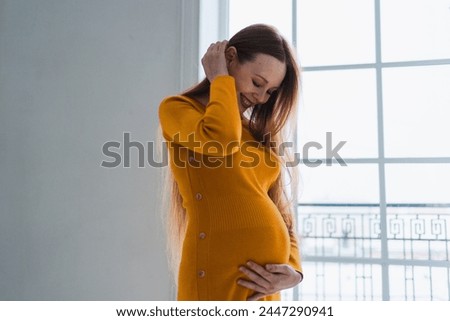 Pregnancy motherhood people expectation future. Pregnant woman with big belly standing near window at home. Girl hugging her tummy enjoying pregnancy. Maternity tenderness parenthood new life concept Royalty-Free Stock Photo #2447290941