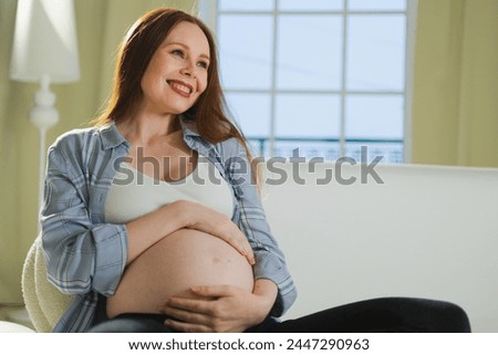 Pregnancy motherhood people expectation future. Pregnant woman touching big belly sitting on couch at home. Girl hugging her tummy enjoying pregnancy. Maternity tenderness parenthood new life concept Royalty-Free Stock Photo #2447290963