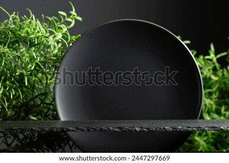 Black stone podium, black ceramic plate and branches of rosemary for luxury product placement. Minimal luxury aesthetic. Copy space.
