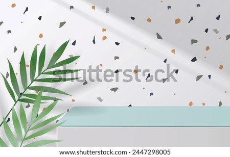 Empty of white and green table top on terrazzo texture background with green leaves and drop shadow. for montage product display or design banner mock up. 3d vector Royalty-Free Stock Photo #2447298005