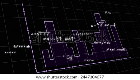 Image of mathematical equations over graph on black background. Education, learning, knowledge, science and digital interface concept digitally generated image.