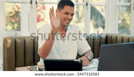 Video call, laptop and man talking in a coffee shop with sign language for a webinar on the internet. Happy, professional and male manager on a virtual meeting for an online discussion on a computer.