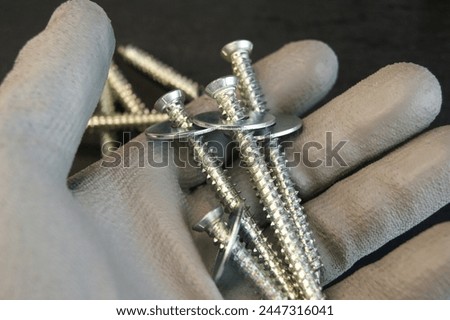 Screws with a stell washers in the hand of the bilder. High quality photo