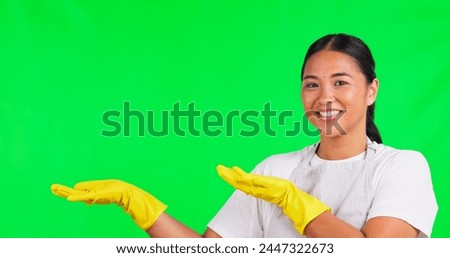 Cleaning, presentation and space with woman on green screen for idea, choice and decision. Advertising, hygiene and show with portrait of person on studio background for offer, opinion and mockup