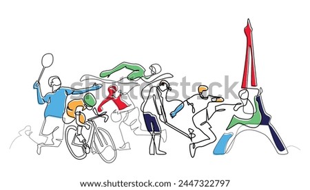 line art drawing of the Paris 2024 Olympics. various kinds of sports in combination with the eiffel tower. icons of olympic sports and the eiffel tower drawn in one line Royalty-Free Stock Photo #2447322797