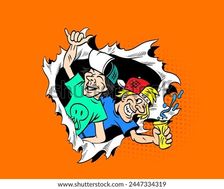 Two funny guys sticking out of a hole drawing in comics style. Summer holiday, beach party poster template. Torn frame in the wall or paper. Vector art illustration 
