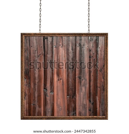 Wooden blank dirty sign hangs on iron chains. Square frame with plank surface. Signboard isolated on white background