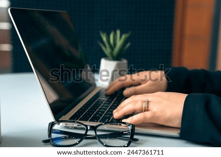 Office scene, people working with laptops, business concept, stock photo