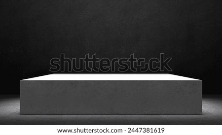 White concrete stone plate on black room background. dark room with concrete or chalkboard texture walls and floor with bright spotlight and white empty square podium table mock up. Podium mock up.
