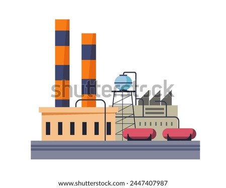 Vector artwork depicting an industrial factory with smokestacks, flat style, isolated. Royalty-Free Stock Photo #2447407987