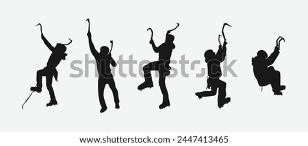 Vector set silhouette of ice climbing. Mountaineering, extreme sport concept. Isolated background. Vector illustration.