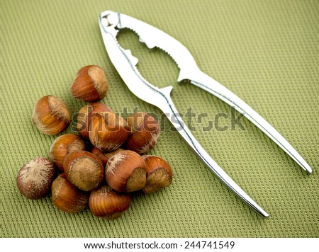 Un-opened hazelnuts with nut cracker on green background