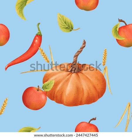 Seamless pattern of Pumpkins, apples, leaves, chili and spikelets. Watercolor illustration. Autumn harvest. Delicious ripe vegetable. Vegetarian raw food. Blue background. For notebooks, textbooks.