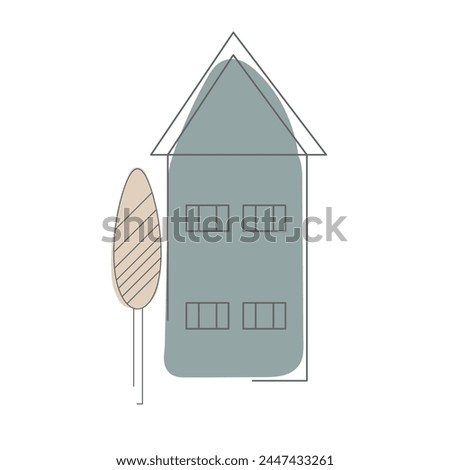 Simple cute decorative house with beige tree. Minimalistic scandinavian blue house. Hand drawn clip art illustration in flat style for poster, banner, print, card. Isolated on white background.
