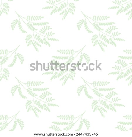Minimalist pastel floral seamless pattern, tree branches or acacia twigs with leaves of light green color on white background. Vector illustration for wallpaper, fabric or package design and print.