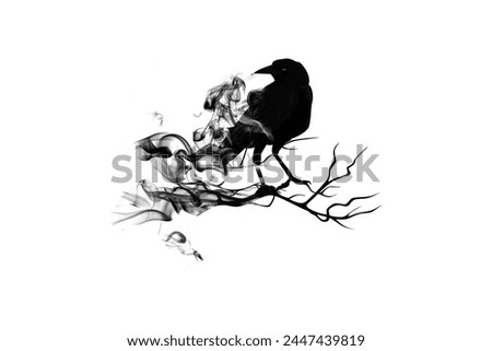 ominous raven sitting on a bare tree branch - black crow bird halloween theme vector silhouette design with white background 
