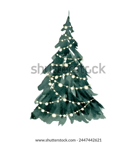 Christmas tree garland with lights garland watercolor sketch illustration isolated on white background in simple style for Happy New Year greeting cards and designs