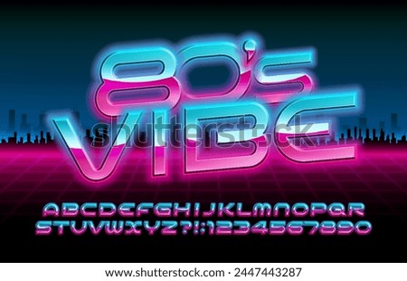 Back to the 80s alphabet font. 80s style bright neon letters and numbers. Stock vector typescript for your design. Royalty-Free Stock Photo #2447443287