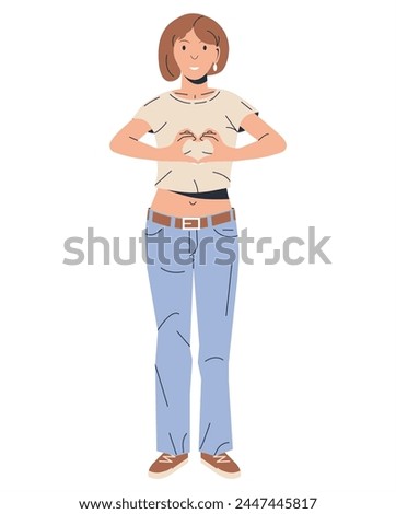 Woman Show Love Hand Gesture. Smiling Girl Crosses Two Hands in the Shape of Heart. Hand Fold Into Heart Symbol by Female Character in Casual Outfit. Woman in Jeans and Top. Flat Vector Illustration