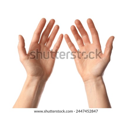 Religion. Woman with open palms praying on white background, closeup
