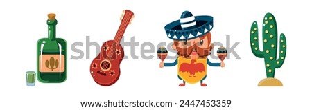 Mexican Objects and Symbols with Tequila, Guitar, Cactus and Man Play Maraca Vector Set
