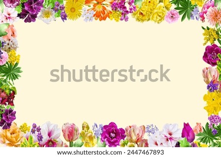 Floral frame of fresh flowers of different types and colors. Blank space for text in the middle. Fresh and romantic frame for greetings, views, cards, greetings, greeting cards.